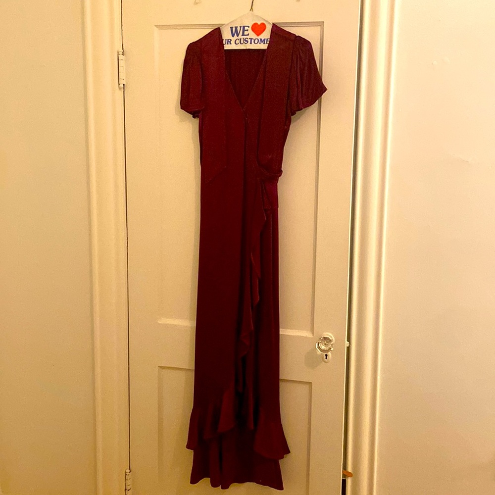 XS Burgundy wrap dress worn as a bridesmaids dress